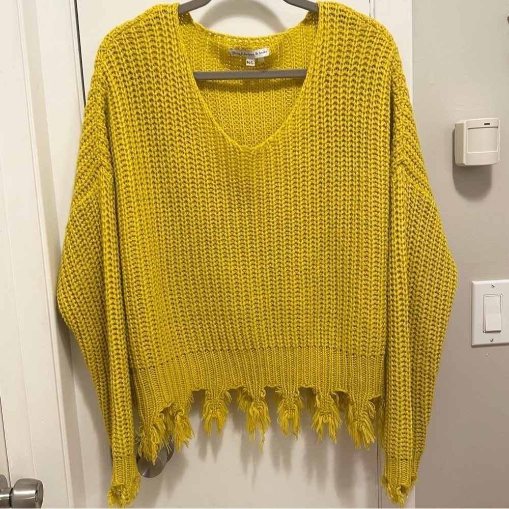 Young Fabulous & Broke Knit Fringe Sweater Yellow Womens M L grunge oversized